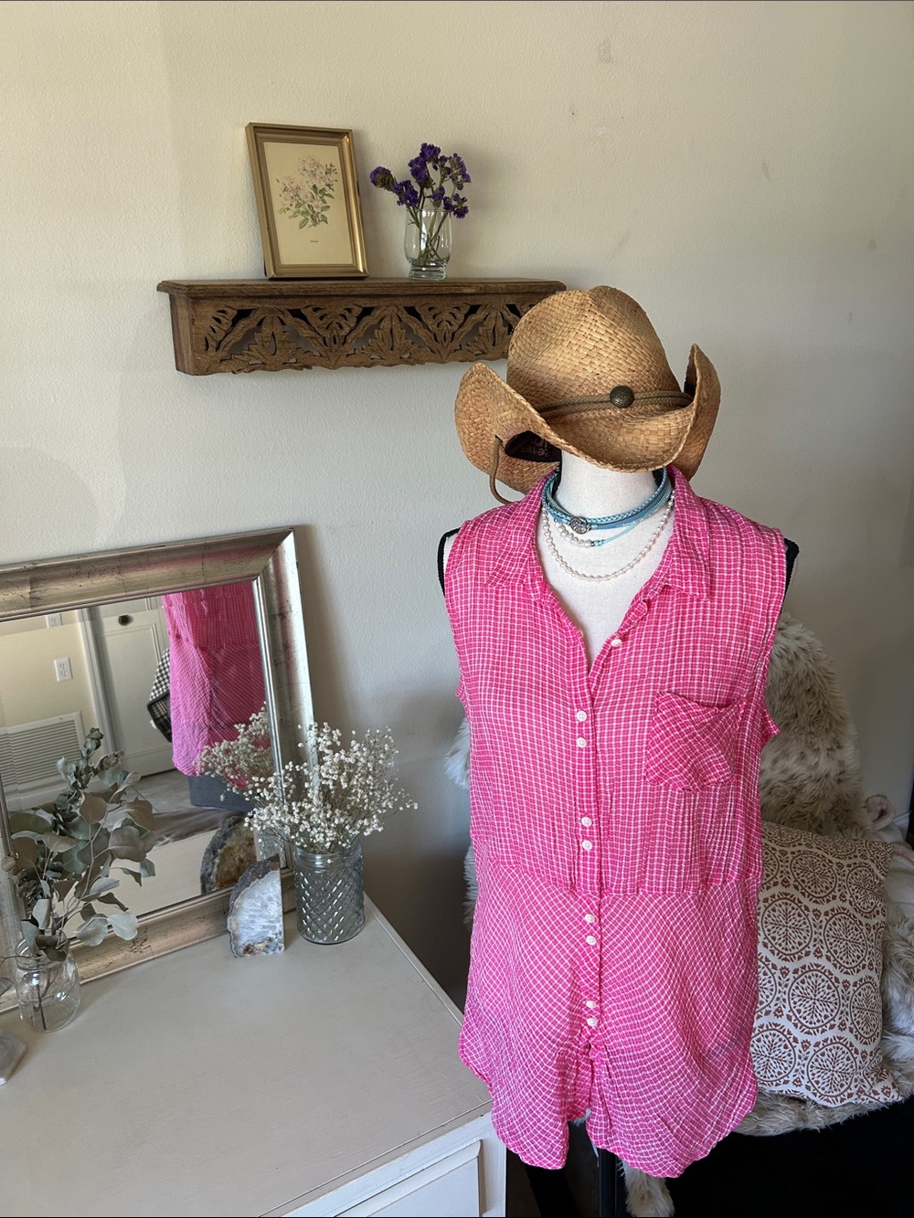 C&C California Vtg pink micro plaid cottage button down polo tunic tank M